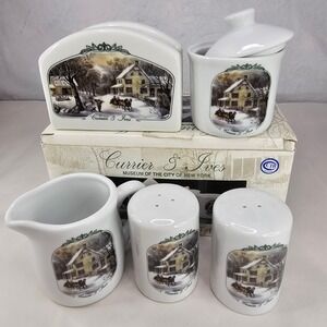 Currier & Ives 5 Piece‎ Porcelain Table Top Set  Homestead Winter Creamer Sugar